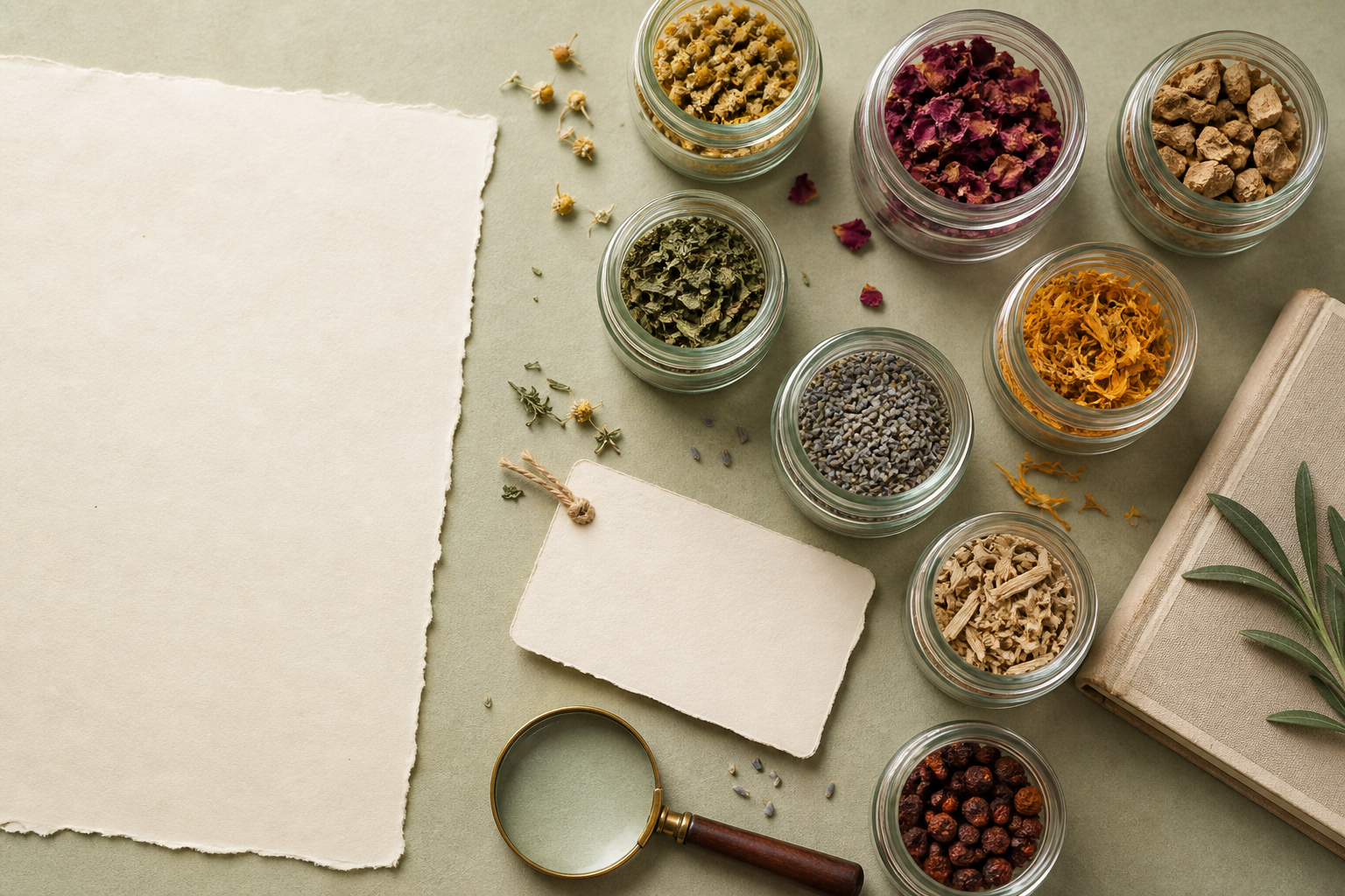 Small glass jars of dried botanicals beside a blank card, a blank deckled sheet and a magnifying glass